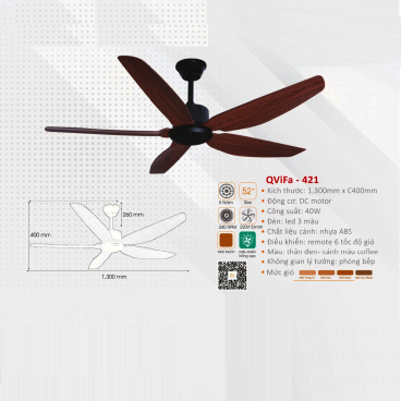 QVifa - 421: Quạt trần đèn LED 5 cánh nhựa ABS