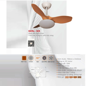 QVifa - 424: Quạt trần  đèn LED 3 cánh nhựa