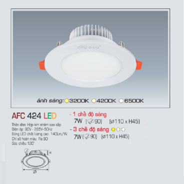 AFC 424 LED 7W: Đèn LED âm trần 7W, 1 chế độ ánh sáng(vàng/trung tính/trắng)