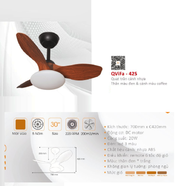 QVifa - 425: Quạt trần  đèn LED 3 cánh nhựa
