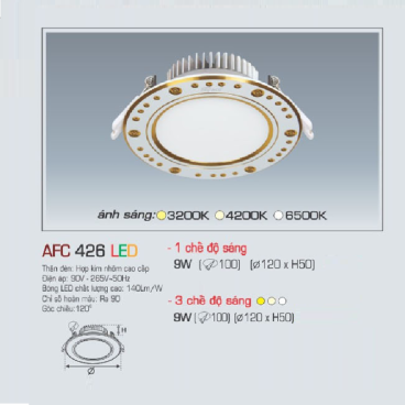 AFC 426 LED 9W: Đèn LED âm trần siêu mỏng hoa văn vàng 9W, 1 chế độ ánh sáng (vàng/trung tính/trắng)