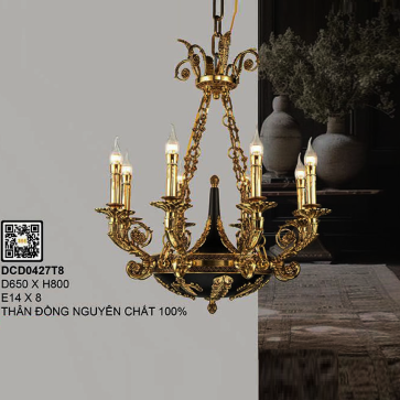 DCD427T8: Đèn chùm đồng nến 8 tay - KT: Ø650mm x H800mm -  Bóng đèn E14 x 8 bóng