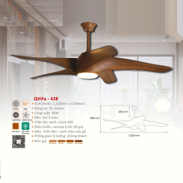 QVifa - 428: Quạt trần  đèn LED 5 cánh nhựa