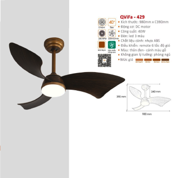 QVifa - 429: Quạt trần  đèn LED 3 cánh nhựa