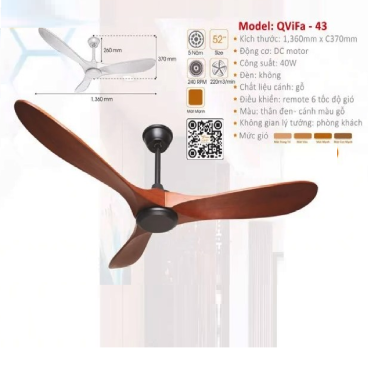QViFa - 43: Quạt trần 3 cánh gỗ tự nhiên