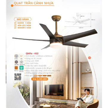 QViFa - 432: Quạt trần đèn 5 cánh nhựa ABS