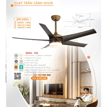 QViFa - 432: Quạt trần đèn 5 cánh nhựa ABS