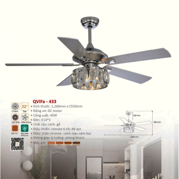 QVifa -433: Quạt trần  đèn 5 cánh gỗ