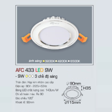 AFC 433 LED 9W: Đèn LED âm trần viền bạc 9W, 1 chế độ ánh sáng (vàng/trung tính/trắng)