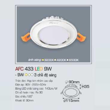 AFC 433 LED 9W: Đèn LED âm trần viền bạc 9W, 1 chế độ ánh sáng (vàng/trung tính/trắng)