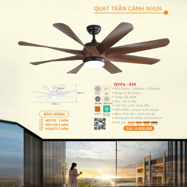 QViFa - 434: Quạt trần đèn 8 cánh nhựa ABS