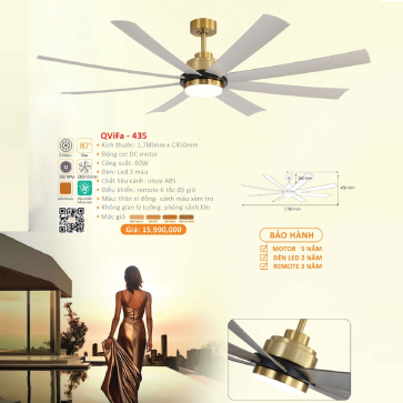 QViFa - 435: Quạt trần đèn 8 cánh nhựa ABS