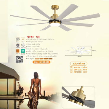 QViFa - 435: Quạt trần đèn 8 cánh nhựa ABS