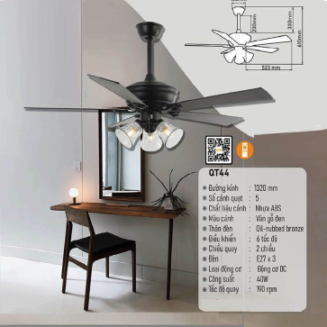QT44: Quạt trần đèn 5 cánh Nhựa ABS, chao đèn thủy tinh