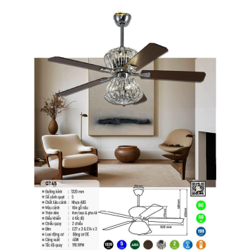 QT45: Quạt trần đèn 5 cánh Nhựa ABS, chao đèn Phale