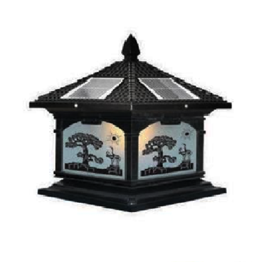 SOLAR - 450E: Đèn gắn đầu trụ NLMT - KT: Mái: 400mm - Đế: 380mm x H420mm - Đèn LED 7W đổi 3 màu + Đèn E27 x 1