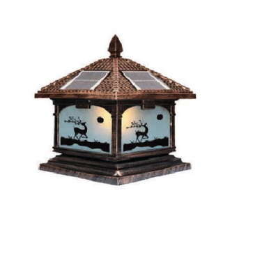 SOLAR - 455E: Đèn gắn đầu trụ NLMT - KT: Mái: 400mm - Đế: 380mm x H420mm - Đèn LED 7W đổi 3 màu + Đèn E27 x 1