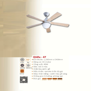 QVifa - 47: Quạt trần đèn LED 3 cánh kim gỗ