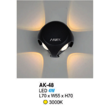 AK - 48: Đèn LED gắn tường ngoài trời - KT: L70mm x W55mm x H70mm - Đèn LED 4W, ánh sáng vàng 3000K