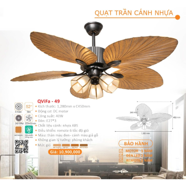 QViFa - 49: Quạt trần  đèn  5 cánh nhựa
