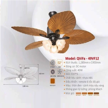 QViFa - 49VF12: Quạt trần đèn 5 cánh nhựa
