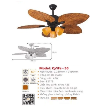 QViFa - 50: Quạt trần đèn 5 cánh Nhựa hình lá cọ