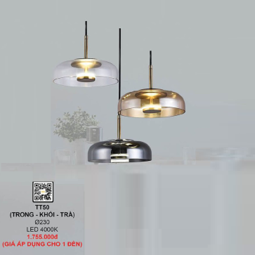 TT50: Đèn thả đơn chóa thủy tinh màu (Trong/Khói/Trà) - KT: Ø230mm - Đèn LED ánh sáng vàng 4000K
