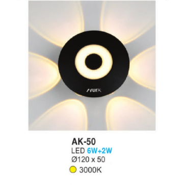 AK - 50: Đèn LED gắn tường ngoài trời - KT: Ø120mm x H50mm - Đèn LED 6W + 2W, ánh sáng vàng 3000K