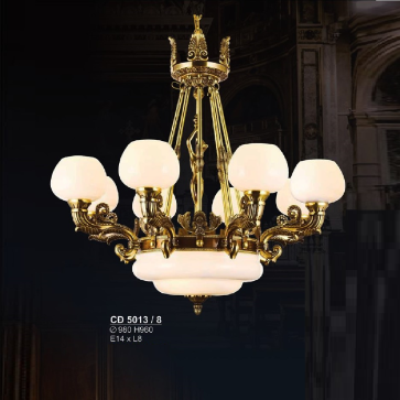 S - CĐ 5013/8: Đèn chùm đồng 8 tay chao thuỷ tinh - KT: Ø 980mm x H960mm - Bóng đèn chân E14 x 8 bóng