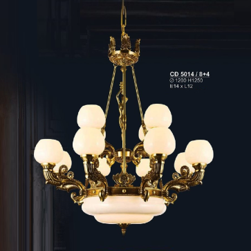 S - CĐ  5014/8 +4: Đèn chùm đồng 12 tay chao thuỷ tinh - KT: Ø1200mm  x H 1250mm - Bóng đèn chân E14 x 12 bóng
