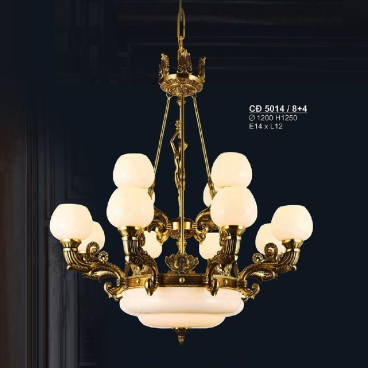 S - CĐ  5014/8 +4: Đèn chùm đồng 12 tay chao thuỷ tinh - KT: Ø1200mm  x H 1250mm - Bóng đèn chân E14 x 12 bóng