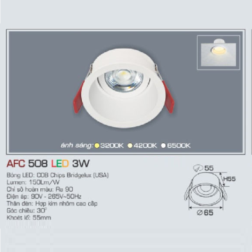 AFC 508 LED 3W: Đèn LED âm trần chiếu điểm 3W, 1 chế độ ánh sáng ( vàng/trung tính/trắng)