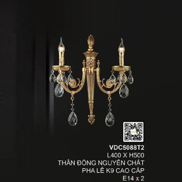 VDC5088T2: Đèn gắn tường đồng đôi - KT: W400mm x H500mm - Bóng đèn chân E14 x 2