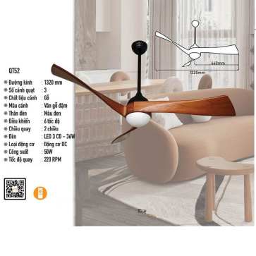 QT52: Quạt trần đèn LED 3 cánh gỗ