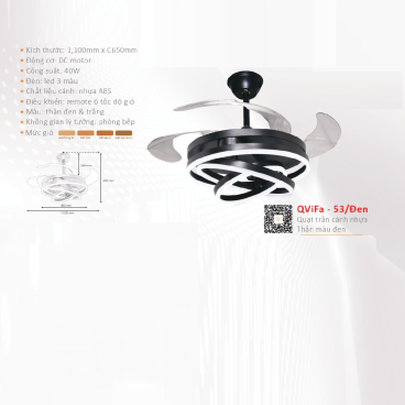 QVifa - 53/Đen: Quạt trần  đèn LED cánh nhựa, thân màu đen