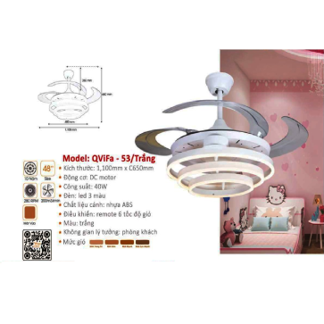 QViFa  - 53/Trắng: Quạt trần đèn LED cánh nhựa xếp