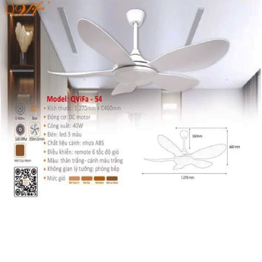 QViFa - 54: Quạt trần đèn LED 5 cánh Nhựa