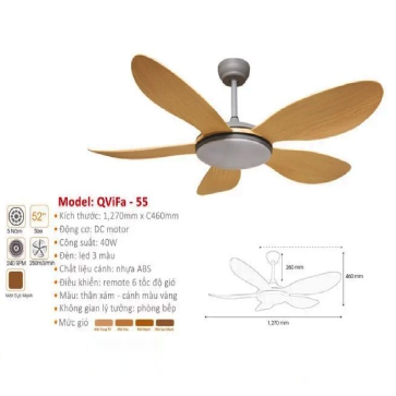 QViFa - 55: Quạt trần đèn LED 5 cánh Nhựa