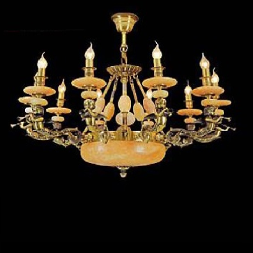 CDQT - 55: Chùm đồng 10 tay chao đá - KT: Ø900mm x H1100mm - Bóng đèn chân E 14 x 10 bóng