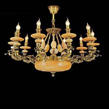 CDQT - 55: Chùm đồng 10 tay chao đá - KT: Ø900mm x H1100mm - Bóng đèn chân E 14 x 10 bóng