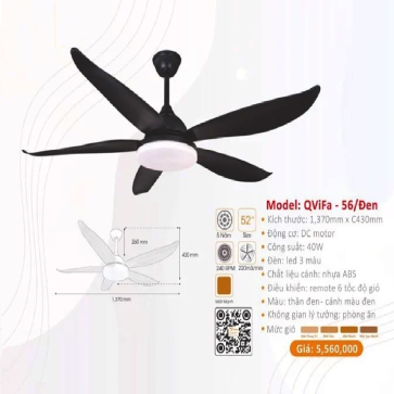QViFa - 56/Đen: Quạt trần đèn LED 5 cánh Nhựa
