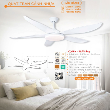 QViFa - 56/Trắng: Quạt trần đèn 5 cánh nhựa