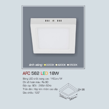 AFC 562 LED 18W: Đèn LED vuông ốp nổi 18W, 1 chế độ ánh sáng (vàng/trung tính/trắng)