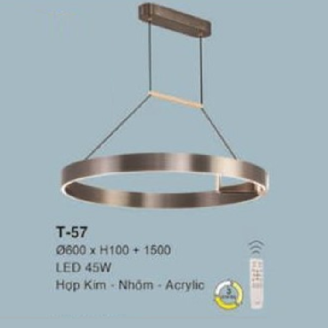 E - T - 57: Đèn thả vòng LED - KT: Ø600mm x H150 ( chiều cao thanh LED) x H1500mm - Đèn LED 45W ánh sáng đổi 3 màu