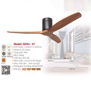 QViFa  - 57:  Quạt trần 3 cánh gỗ gắn sát trần