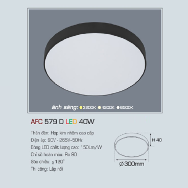 AFC 579D LED 40W: Đèn LED tràn viền ốp nổi 40W, 1 chế độ ánh sáng (vàng/trung tính/trắng)