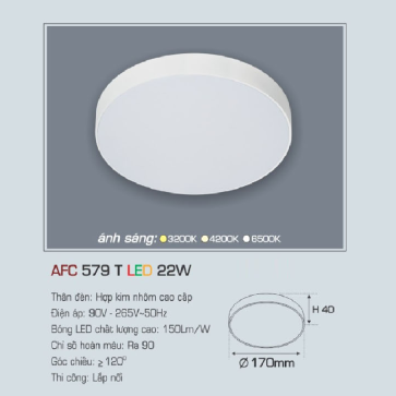 AFC 579T LED 22W: Đèn LED tràn viền ốp nổi 22W, 1 chế độ ánh sáng (vàng/trung tính/trắng)