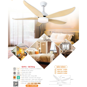 QViFa - 58/Vàng: Quạt trần đèn 5 cánh nhựa
