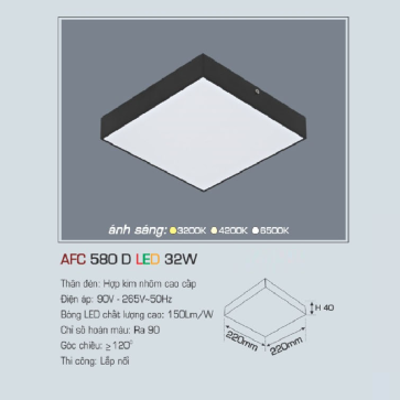 AFC 580D LED 32W: Đèn LED vuông tràn viền gắn nổi vỏ đen 32W, 1 chế độ ánh sáng (vàng/trung tính/trắng)