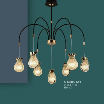 SN - C 5880/6+1:  Đèn chùm thả 7 bóng chao thủy tinh - KT: Ø750mm x H750mm - Đèn E27 x 7 bóng